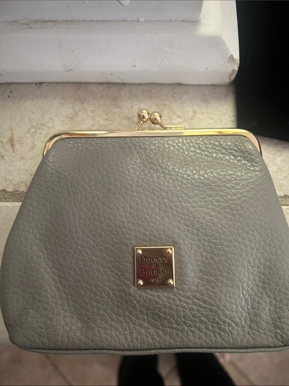 Dooney & Bourke Gray Leather Kiss-Lock Wristlet with Gold Hardware